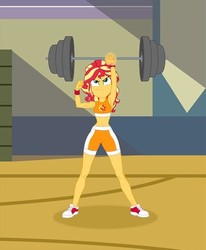 Size: 494x600 | Tagged: safe, artist:sapphiregamgee, sunset shimmer, equestria girls, g4, armpits, bicep, clothes, converse, cropped, implied applejack, lifting, shoes, sleeveless, sneakers, sports bra, sports shorts, super strength, weight lifting, weights