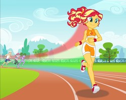 Size: 755x602 | Tagged: safe, artist:sapphiregamgee, sunset shimmer, oc, equestria girls, g4, background human, clothes, converse, cropped, implied rainbow dash, shoes, sleeveless, sneakers, sports bra, sports shorts