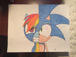 Size: 3264x2448 | Tagged: safe, artist:tristanmendez, rainbow dash, g4, crossover, high res, male, sonic the hedgehog, sonic the hedgehog (series), traditional art