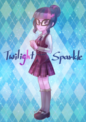 Size: 706x1003 | Tagged: safe, artist:howzih, sci-twi, twilight sparkle, human, equestria girls, g4, clothes, crystal prep academy uniform, cute, eyebrows, eyebrows visible through hair, female, glasses, hair bun, pleated skirt, school uniform, shoes, skirt, socks, solo, twiabetes