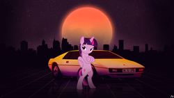 Size: 1920x1080 | Tagged: safe, artist:antylavx, artist:uponia, twilight sparkle, alicorn, pony, g4, bipedal, car, city, cityscape, crossed hooves, female, lotus esprit, moon, night, retro, smiling, solo, twilight sparkle (alicorn), wallpaper