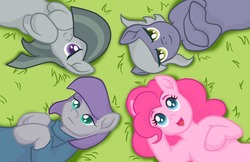Size: 1280x828 | Tagged: safe, artist:nytewell, limestone pie, marble pie, maud pie, pinkie pie, pony, g4, colored pupils, crossed hooves, cute, diapinkes, female, grass, limabetes, marblebetes, mare, maudabetes, on back, open mouth, overhead view, pie sisters, siblings, sisters