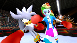Size: 1366x768 | Tagged: safe, artist:migueruchan, rainbow dash, equestria girls, g4, 3d, boxing, boxing gloves, boxing ring, crossover, gmod, male, silver the hedgehog, sonic the hedgehog, sonic the hedgehog (series), sports