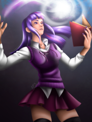 Size: 698x930 | Tagged: safe, artist:kapootoei, twilight sparkle, human, g4, book, clothes, female, humanized, magic, miniskirt, nail polish, pleated skirt, shirt, signature, skirt, socks, solo, sweater vest, thigh highs, zettai ryouiki