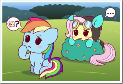 Size: 1500x1020 | Tagged: safe, artist:doctor-g, fluttershy, rainbow dash, pegasus, pony, g4, ..., :3, >:3, beady eyes, bunny ears, bush, chibi, clothes, costume, cute, dangerous mission outfit, dashabetes, duo, emoji, goggles, hiding, hnnng, hoodie, imminent pounce, question mark, shyabetes, thinking, this will end in pouncing, 🤔