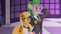 Size: 900x507 | Tagged: safe, artist:morgwaine, applejack, spike, dragon, pony, fanfic:bride of discord, fanfic:daughter of discord, g4, blushing, clothes, cute, dress, female, flower, gala dress, jackabetes, male, older, older spike, ship:applespike, shipping, smiling, spikabetes, straight, sunflower