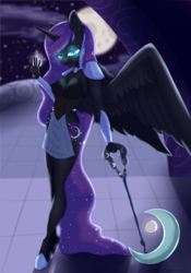 Size: 3307x4724 | Tagged: safe, artist:labglab, artist:php97, nightmare moon, alicorn, anthro, rcf community, g4, collaboration, cute, cutie mark, dark magic, evil, eye contact, female, glowing eyes, looking at each other, looking at you, magic, mare, moon, solo, weapon, wings