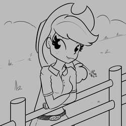 Size: 1200x1200 | Tagged: safe, artist:tjpones, applejack, equestria girls, g4, applejack's hat, black and white, chewing, cowboy hat, eating, female, fence, grayscale, hat, hay, lineart, monochrome, solo, straw, straw in mouth