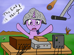 Size: 4000x3000 | Tagged: dead source, safe, artist:anonymous, twilight sparkle, pony, g4, 4chan, conspiracy, doomsday, drawthread, end of the world, hat, meteor, microphone, paranoid twilight, radio, the end is neigh, tinfoil hat, twilight snapple
