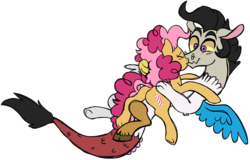 Size: 1024x657 | Tagged: safe, artist:ashidaii, oc, oc only, oc:desorde, oc:silly string, draconequus, earth pony, hybrid, pony, female, interspecies offspring, kissing, male, mare, oc x oc, offspring, parent:cheese sandwich, parent:discord, parent:pinkie pie, parent:princess celestia, parents:cheesepie, parents:dislestia, shipping, simple background, straight, transparent background