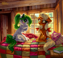 Size: 1318x1222 | Tagged: safe, artist:holivi, oc, oc only, earth pony, pony, g4, backlighting, bed, blushing, book, cottagecore, cute, door, duo, female, floppy ears, mare, on bed, open mouth, pillow, signature, window