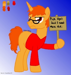 Size: 900x955 | Tagged: safe, artist:dragonchaser123, oc, oc only, oc:thickwear glasses, pony, unicorn, blank flank, clothes, glasses, grumpy, male, picket sign, shirt, text