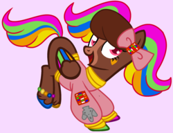 Size: 1480x1137 | Tagged: safe, artist:unicorn-mutual, oc, oc only, oc:retro raleigh, pegasus, pony, clothes, colored wings, female, mare, multicolored wings, pink background, shirt, simple background, solo