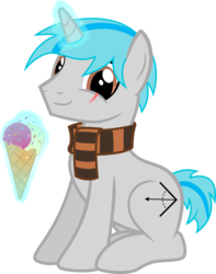 Size: 2888x3664 | Tagged: safe, artist:mlpcreativelab, oc, oc only, oc:atom front, pony, unicorn, .ai available, clothes, food, high res, ice cream, looking at you, magic, request, scar, scarf, simple background, sitting, smiling, solo, transparent background, vector