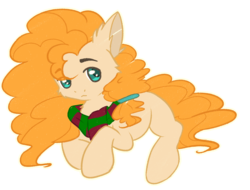 Size: 1300x988 | Tagged: safe, artist:urpone, pear butter, earth pony, pony, g4, clothes, female, green eyes, looking up, lying down, mare, missing cutie mark, orange mane, scarf, solo, turquoise eyes