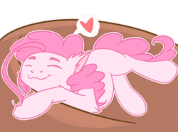 Size: 1200x894 | Tagged: safe, artist:urpone, pinkie pie, earth pony, pony, g4, eyes closed, female, floppy ears, happy, heart, lying on bed, mare, missing cutie mark, pictogram, pink mane, smiling, solo