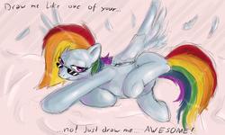 Size: 1200x720 | Tagged: artist needed, safe, rainbow dash, pegasus, pony, g4, 2012, blue body, colored, draw me like one of your french girls, english, equine, eyewear, feather, female, funny, hair, lifted leg, lineart, long hair, looking at you, lying down, multicolored hair, purple eyes, rainbow hair, smiling, solo, spread wings, sunglasses, text, wings