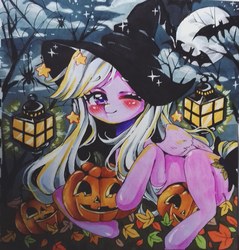 Size: 1711x1789 | Tagged: safe, artist:manekoart, oc, oc only, oc:yoko, pegasus, pony, female, full moon, hat, lamp, leaves, mare, moon, night, one eye closed, pumpkin, traditional art, wink, witch hat, ych result
