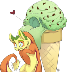Size: 960x1029 | Tagged: safe, artist:kez, oc, oc only, oc:non toxic, monster pony, original species, tatzlpony, food, ice cream, licking, not salmon, role reversal, simple background, the tables have turned, tongue out, transparent background, wat