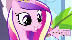Size: 1100x618 | Tagged: safe, edit, edited screencap, editor:korora, part of a set, screencap, princess cadance, crystal pony, equestria games (episode), g4, arrow, captain obvious, crown, cute, cutedance, jewelry, regalia, smiling, text