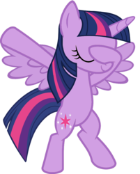 Size: 813x1012 | Tagged: safe, artist:uigsyvigvusy, artist:wissle, twilight sparkle, alicorn, pony, g4, bipedal, covering eyes, cute, dab, eyes closed, facehoof, female, mare, simple background, smiling, solo, spread wings, trace, transparent background, twiabetes, twilight sparkle (alicorn), vector, wings