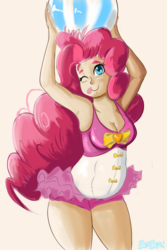 Size: 667x1000 | Tagged: safe, artist:artbenbeau, pinkie pie, equestria girls, equestria girls series, g4, :p, armpits, ball, beach ball, breasts, chubby, cleavage, clothes, female, human coloration, one eye closed, solo, swimsuit, tongue out, wink