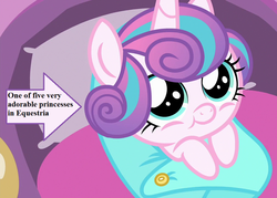 Size: 1008x720 | Tagged: safe, edit, edited screencap, editor:korora, part of a set, screencap, princess flurry heart, g4, the times they are a changeling, arrow, baby blanket, captain obvious, cropped, cute, flurrybetes, text