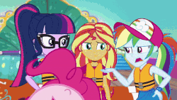 Size: 600x338 | Tagged: safe, edit, edited screencap, screencap, pinkie pie, rainbow dash, sci-twi, sunset shimmer, twilight sparkle, equestria girls, equestria girls specials, g4, my little pony equestria girls: better together, my little pony equestria girls: spring breakdown, spoiler:super smash bros. ultimate, animated, bow, female, geode of sugar bombs, gif, lifejacket, magical geodes, meme, nintendo, nose in the air, sleeveless, spoilers for another series, super smash bros., super smash bros. ultimate, volumetric mouth, world of light, wtf boom!