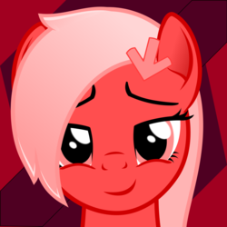 Size: 1500x1500 | Tagged: safe, artist:arifproject, oc, oc only, oc:downvote, earth pony, pony, derpibooru, abstract background, bedroom eyes, derpibooru ponified, downvotes are upvotes, female, mare, meta, ponified, simple background, smiling, smirk, square