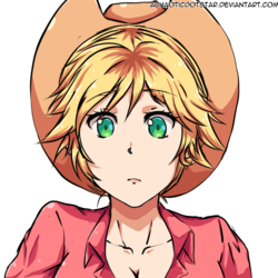Size: 1748x1748 | Tagged: safe, artist:achaoticdotstar, applejack, human, equestria girls, g4, alternate hairstyle, anime, applejack's hat, clothes, cowboy hat, cute, female, freckles, hat, humanized, jackabetes, looking at you, short hair, simple background, solo, transparent background
