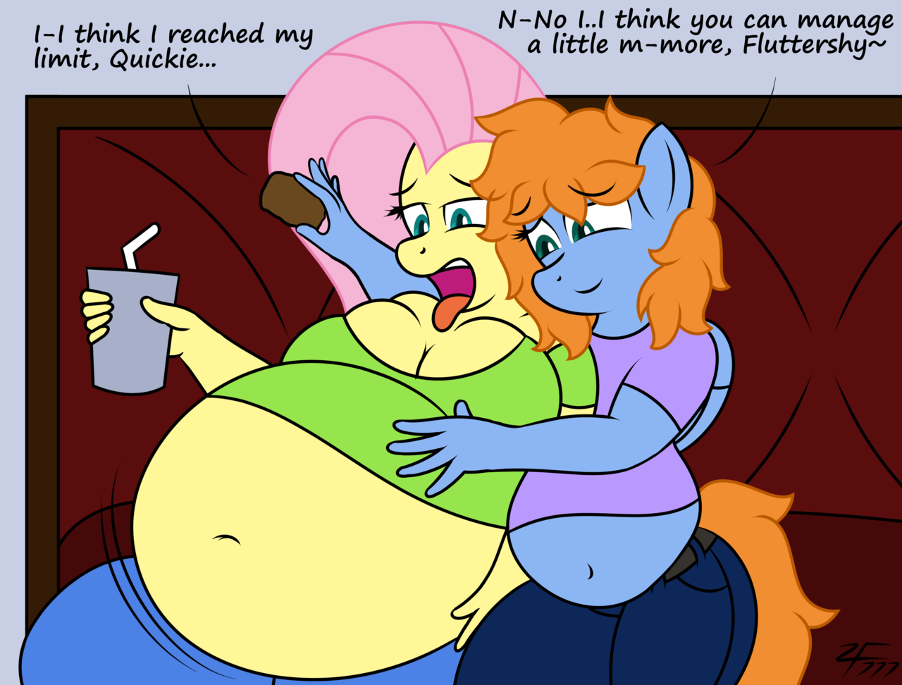 1937673 - safe, artist:zeldafan777, fluttershy, oc, oc:quick trip, anthro,  g4, anthro oc, bbw, belly, big belly, bloated, cake, chubby, clothes, cute,  dialogue, eating, fat, fattershy, feedee, feedeeshy, feeder, feeding, food,  force feeding,