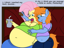 Size: 1280x972 | Tagged: safe, artist:zeldafan777, fluttershy, oc, oc:quick trip, anthro, anthro oc, bbw, belly, big belly, bloated, cake, chubby chaser, clothes, cute, dialogue, eating, fat, fattershy, feedee, feedeeshy, feeder, feeding, food, force feeding, full, huge belly, jeans, morbidly obese, obese, open mouth, outfit, overeating, pants, soda, stuffed, stuffing, that pony sure does love fatty, tongue out