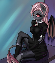 Size: 1600x1829 | Tagged: safe, artist:derpifecalus, oc, oc only, bat pony, anthro, accessory, bat pony oc, clothes, dress, female, solo, tail, wings, ych result