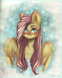 Size: 2865x3562 | Tagged: safe, artist:zefirka, fluttershy, pegasus, pony, g4, blushing, bust, female, high res, looking at you, looking up, mare, portrait, solo, wings