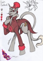 Size: 2466x3506 | Tagged: safe, artist:friskyhellspawn, oc, oc only, oc:robin redford, classical unicorn, pony, unicorn, baron, clothes, femboy, feminine stallion, girly, gray, handsome, high res, horn, leonine tail, long horn, long legs, long tail, looking at you, makeup, male, red, reference sheet, simple background, slender, solo, stallion, suit, tall, thin, white background