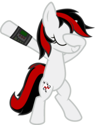 Size: 813x1024 | Tagged: safe, artist:uigsyvigvusy, artist:wissle, oc, oc only, oc:blackjack, pony, unicorn, fallout equestria, fallout equestria: project horizons, bipedal, covering eyes, cute, cutie mark, dab, eyes closed, facehoof, fanfic, fanfic art, female, hooves, horn, mare, pipbuck, simple background, smiling, solo, trace, transparent background, vector