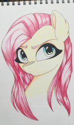 Size: 1920x3233 | Tagged: safe, artist:airctic, fluttershy, pegasus, pony, g4, angry, bust, cute, female, looking at you, solo, traditional art