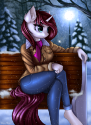 Size: 1796x2456 | Tagged: safe, artist:lightly-san, oc, oc only, oc:nari, unicorn, anthro, unguligrade anthro, anthro oc, beautiful, bench, clothes, coat, commission, crossed legs, female, jacket, jeans, lamppost, mare, pants, pretty, scarf, smiling, snow, snowfall, solo, tree, winter