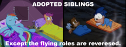 Size: 1440x540 | Tagged: safe, edit, edited screencap, screencap, rainbow dash, scootaloo, pegasus, pony, g4, sleepless in ponyville, adopted, camping, crossover, female, filly, ghost busted, male, mare, miles "tails" prower, satam, siblings, sleeping bag, sonic the hedgehog, sonic the hedgehog (series), tent