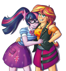 Size: 2029x2206 | Tagged: safe, artist:mandy1412, sci-twi, sunset shimmer, twilight sparkle, equestria girls, equestria girls series, g4, bowtie, clothes, duo, female, geode of empathy, geode of telekinesis, glasses, grin, high res, jacket, leather jacket, lesbian, magical geodes, ponytail, ship:sci-twishimmer, ship:sunsetsparkle, shipping, simple background, skirt, smiling