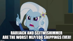 Size: 896x500 | Tagged: safe, edit, edited screencap, screencap, trixie, equestria girls, g4, my little pony equestria girls: rainbow rocks, background pony strikes again, image macro, implied lesbian, implied rarijack, implied scitwishimmer, implied shipping, meme, mouthpiece, op is a duck, op is trying to start shit, text, trixie yells at everything