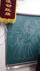 Size: 2368x4208 | Tagged: safe, artist:twinblade edge, rainbow dash, pegasus, pony, g4, chalk drawing, chalkboard, chinese, irl, photo, smiling, solo, spread wings, traditional art, wings