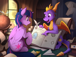 Size: 2100x1567 | Tagged: safe, artist:yakovlev-vad, twilight sparkle, alicorn, dragon, dragonfly, pony, g4, adventure, book, butt, crossover, female, globe, male, mare, open mouth, paper airplane, plot, scroll, sitting, slender, sparx the dragonfly, spyro the dragon, spyro the dragon (series), thin, twilight sparkle (alicorn), underhoof, video game crossover