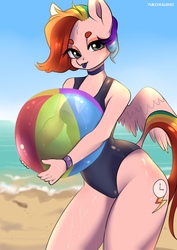 Size: 1527x2160 | Tagged: safe, artist:yukomaussi, oc, oc only, oc:rainbow time, pegasus, anthro, anthro oc, beach, beach ball, clothes, female, makeup, solo, swimsuit