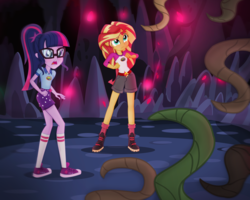 Size: 6052x4843 | Tagged: safe, artist:invisibleink, sci-twi, sunset shimmer, twilight sparkle, equestria girls, g4, my little pony equestria girls: legend of everfree, absurd resolution, belt, blushing, boots, camp everfree outfits, cave, clothes, commission, converse, cutie mark on clothes, duo, glasses, hair tie, kneesocks, long socks, open mouth, outdoors, ponytail, raised eyebrow, shirt, shoes, shorts, show accurate, sneakers, socks, standing, vine