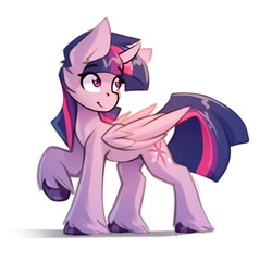Size: 1463x1410 | Tagged: dead source, safe, artist:n_thing, twilight sparkle, alicorn, pony, g4, female, looking back, mare, raised hoof, simple background, smiling, solo, twilight sparkle (alicorn), unshorn fetlocks, white background