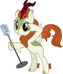 Size: 3650x4289 | Tagged: safe, artist:ironm17, autumn blaze, kirin, g4, sounds of silence, awwtumn blaze, bipedal, cute, female, grin, looking at you, microphone, simple background, singing, smiling, solo, transparent background, vector