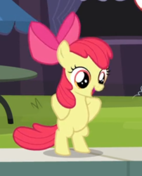 Size: 351x434 | Tagged: safe, screencap, apple bloom, earth pony, pony, g4, leap of faith, adorabloom, bipedal, cropped, cute, female, filly, foal, hooves on hips, human pose, open mouth, solo, squatting