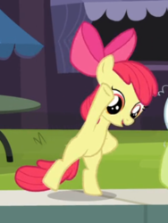 Size: 360x478 | Tagged: safe, screencap, apple bloom, earth pony, pony, g4, leap of faith, adorabloom, bipedal, cropped, cute, female, filly, foal, hoof in air, hooves on hips, human pose, solo, stretching