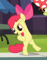 Size: 344x432 | Tagged: safe, screencap, apple bloom, granny smith, earth pony, pony, g4, leap of faith, adorabloom, bipedal, cropped, cute, female, filly, foal, hoof in air, hooves on hips, human pose, offscreen character, solo focus, stretching
